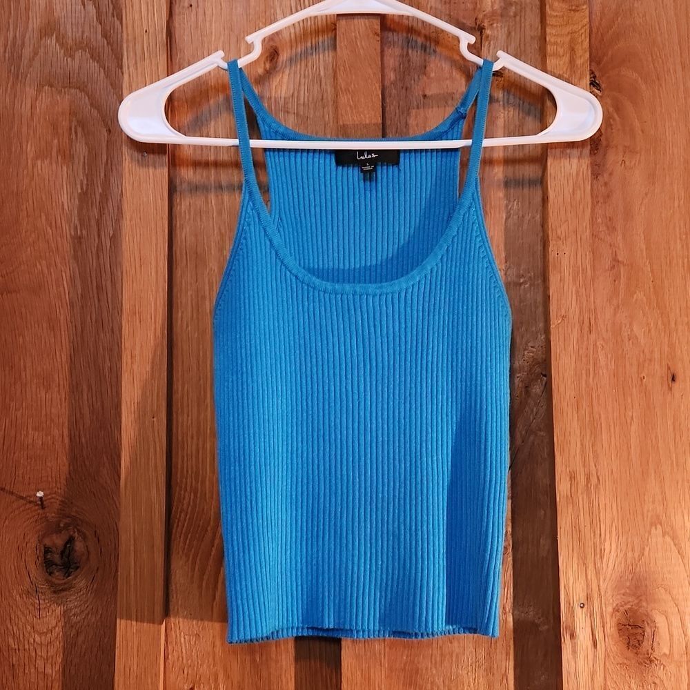 Lulus Good Times Ribbed Knit Tank Top Sleeveless Sweater, Large, Turquoise Blue
